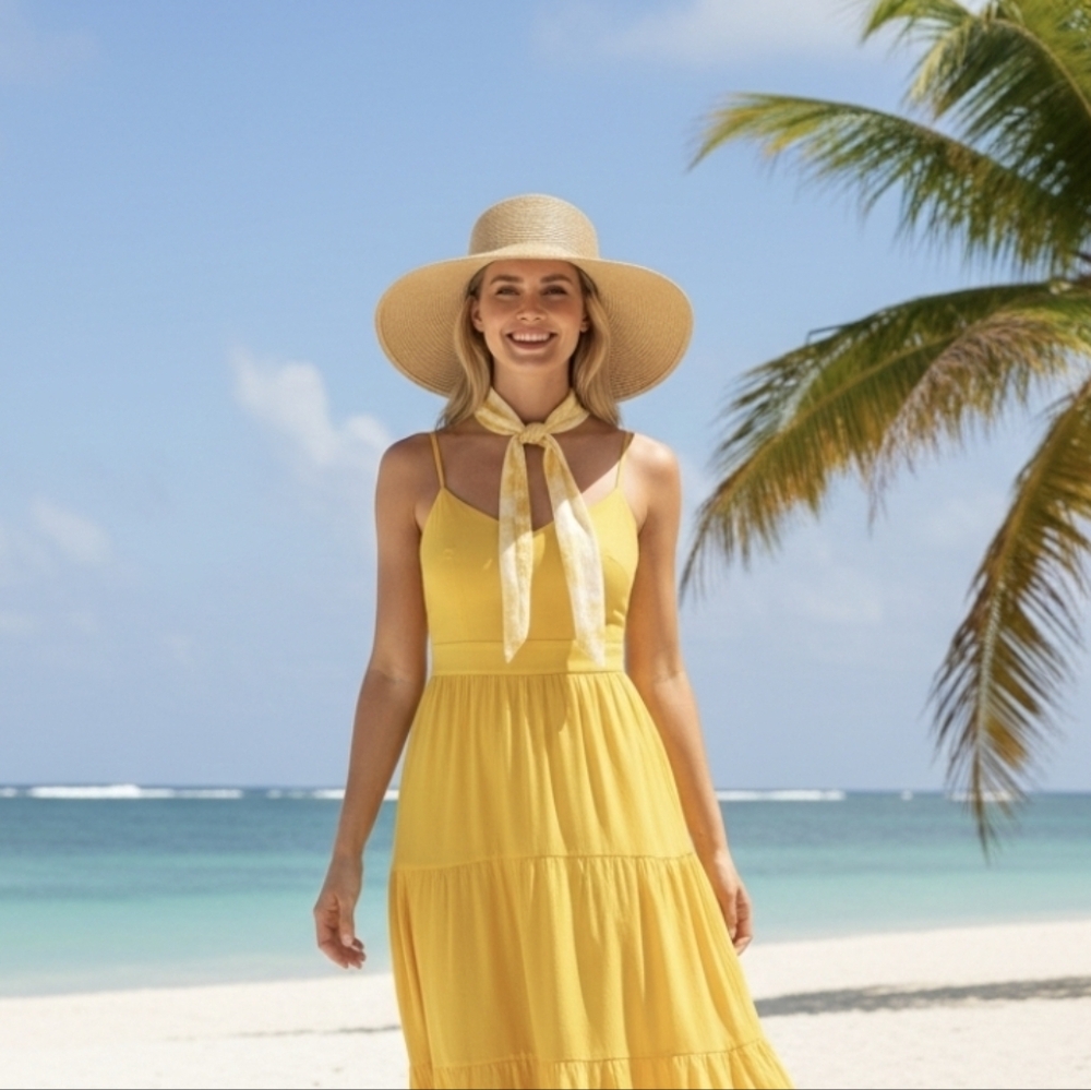NWOT Nine West Tan Straw w/ Yellow Scarf Womens Panama Hat One Size